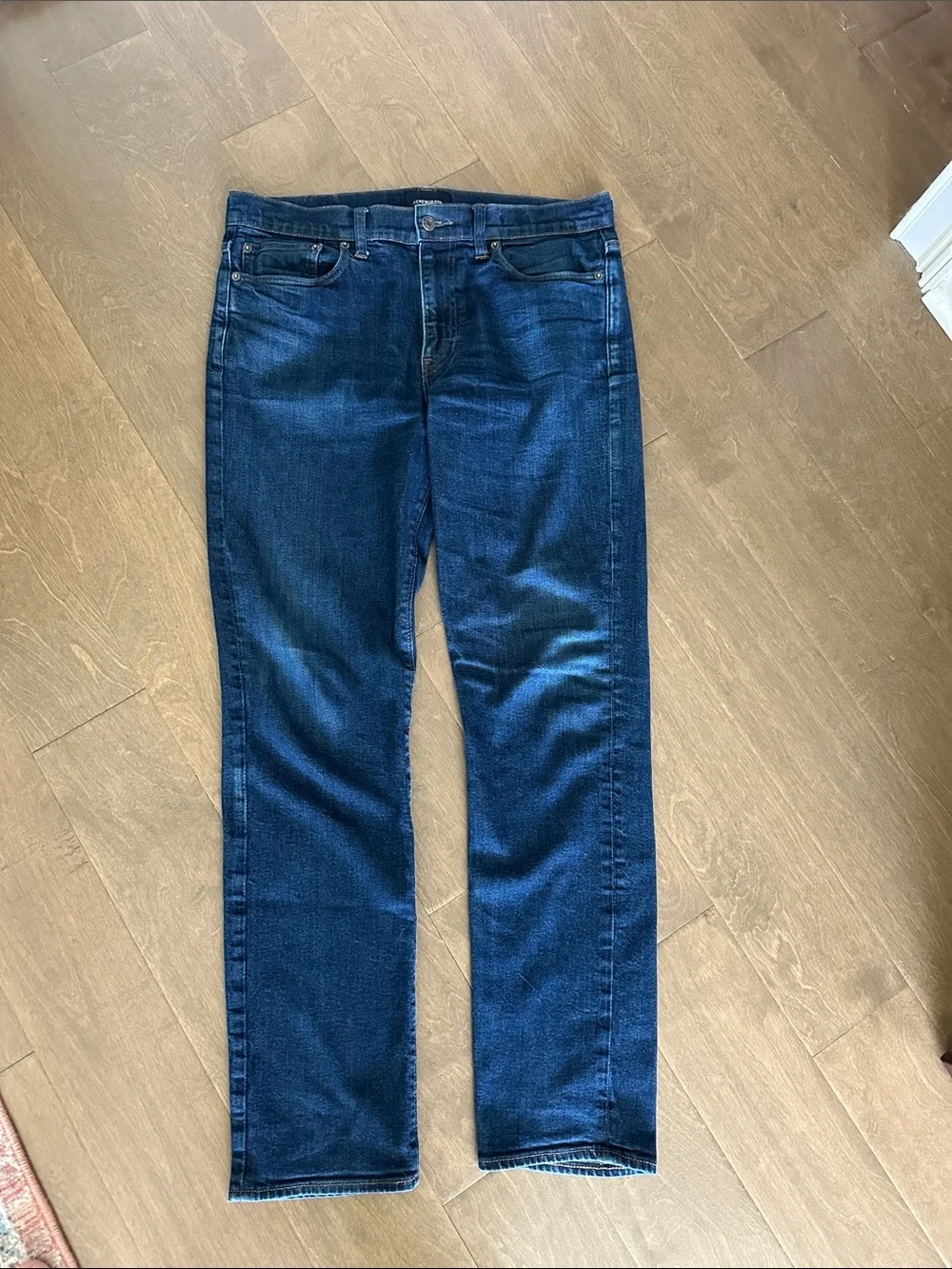 J. Crew Dark Blue Straight-Leg Jeans with Brown Patch